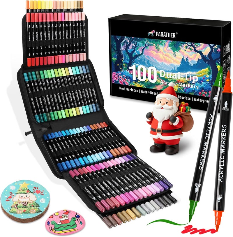 Pagather 100 Colors Acrylic Paint Markers, Dual Tip with Fine Tip and Brush Tip Pens for Stone, Wood, Calligraphy, Canvas, Ceramic, Metal, Glass, Rock Painting, DIY Crafts Art Supplies Kit - Image 1